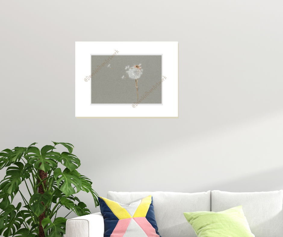 Harvest mouse in a dandelion seed head on a grey background - example of artwork mounted on wall
