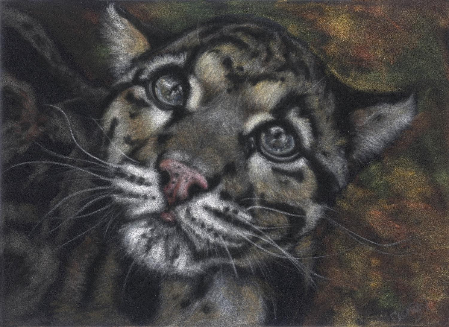 Pastel artwork on a velour surface, of a clouded leopard cub's profile with detailed fur and expression.