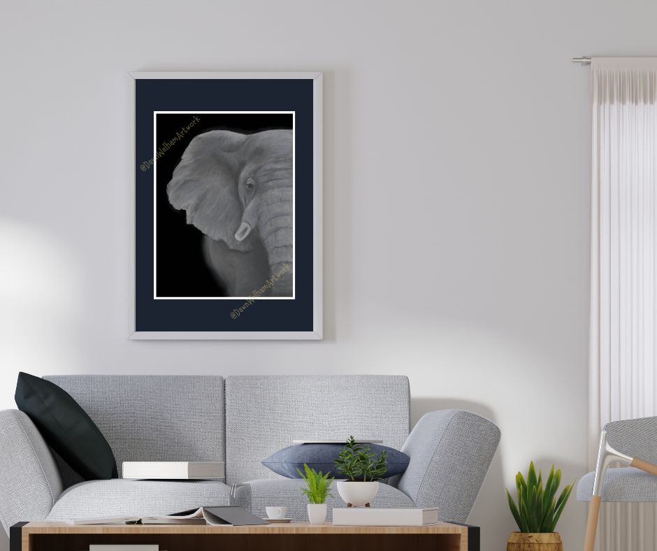 Grey and white pastel artwork of an African elephant on a black background - example of framed artwork mounted and framed on wall