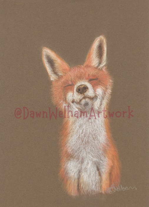 Pastel artwork of a fox with closed eyes on a rich brown background