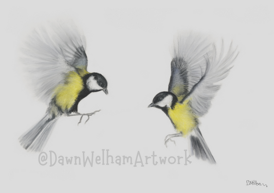 Pastel artwork great tits in flight