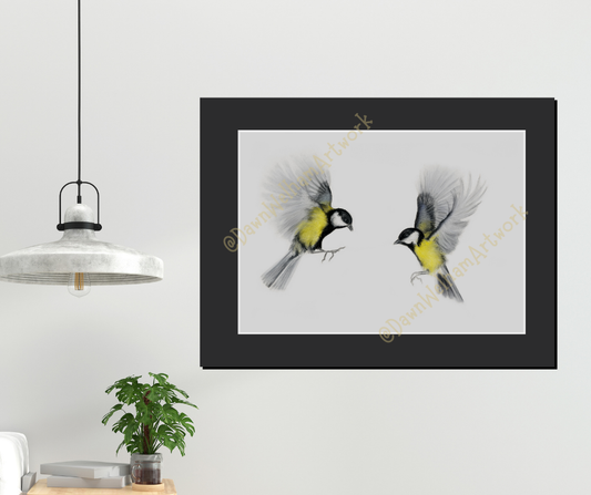 Framed artwork example of two great tits on a white wall