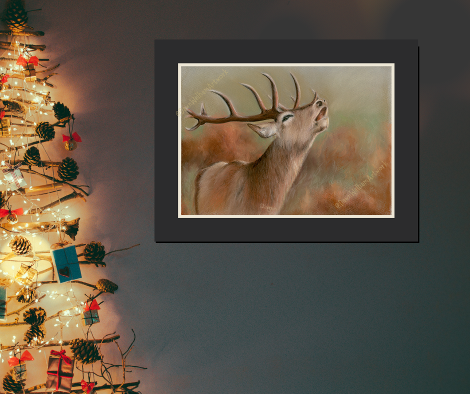Pastel artwork of red deer stag with large antlers against a natural background - example when mounted on wall and by Christmas tree