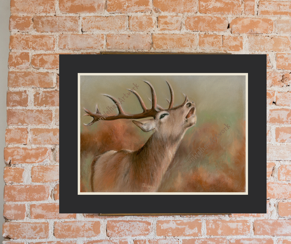 Pastel artwork of red deer stag with large antlers against a natural background - example when mounted on wall