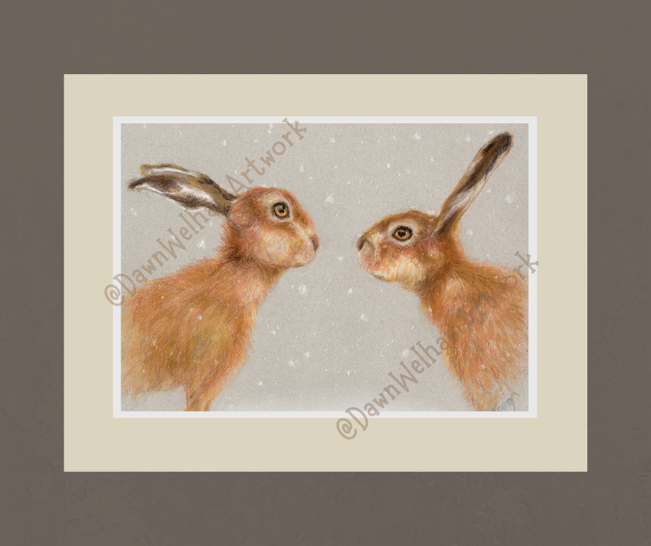Two hares facing each other in the snow - example of artwork on a wall