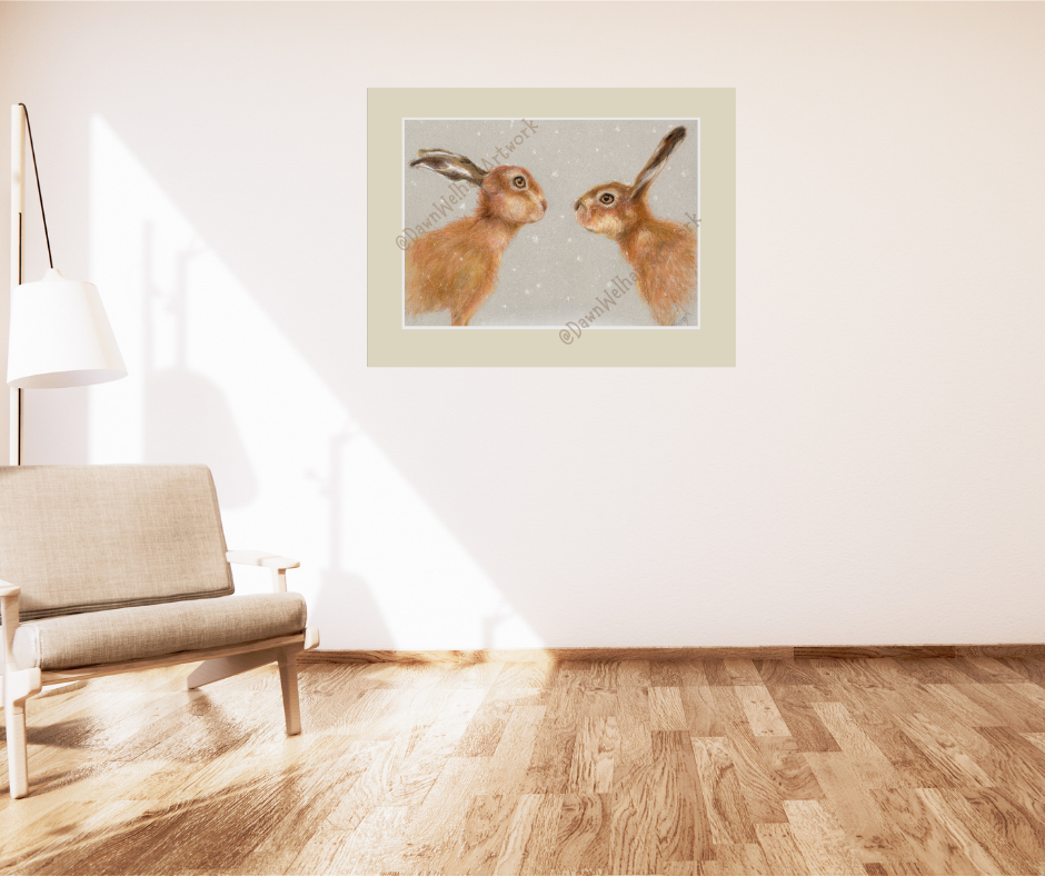 Two hares facing each other in the snow - example of artwork on a wall